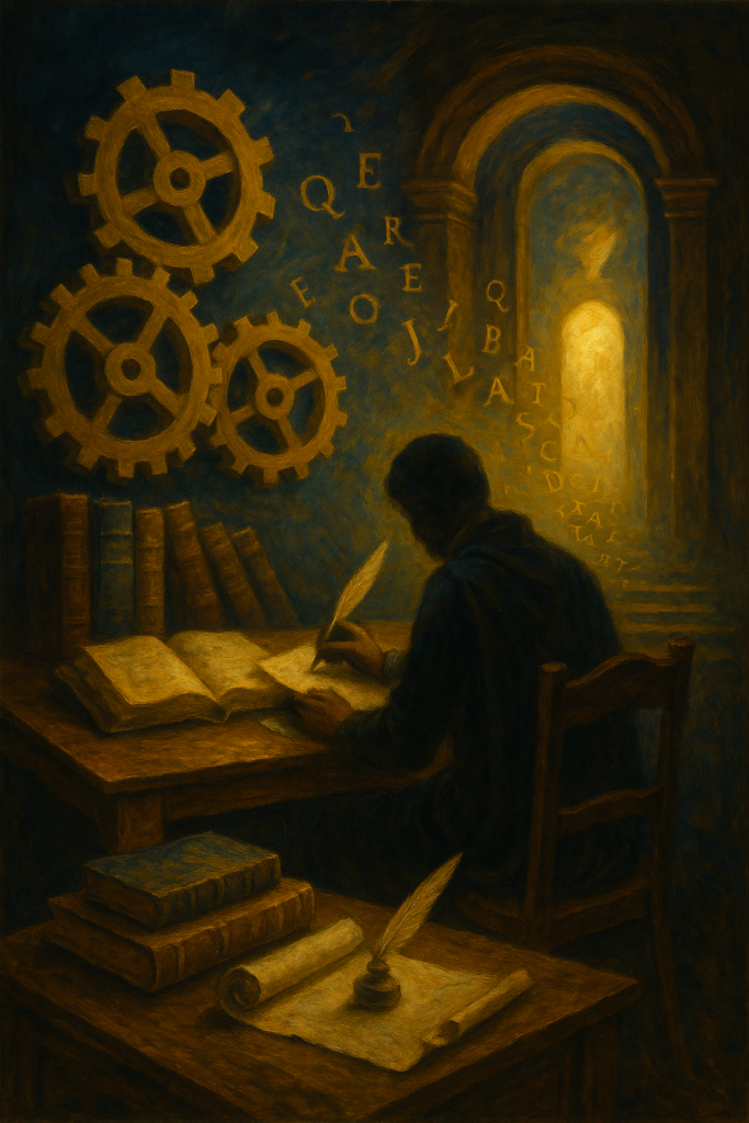 Ilustração em estilo renascentista: um estudante de costas, diante de um grande livro aberto dividido em blocos/tópicos. Raios de luz descem sobre cada bloco, como se cada tópico estivesse sendo iluminado. Fundo azul-escuro com toque dourado, mantendo o clima do portal Aprovado BB.